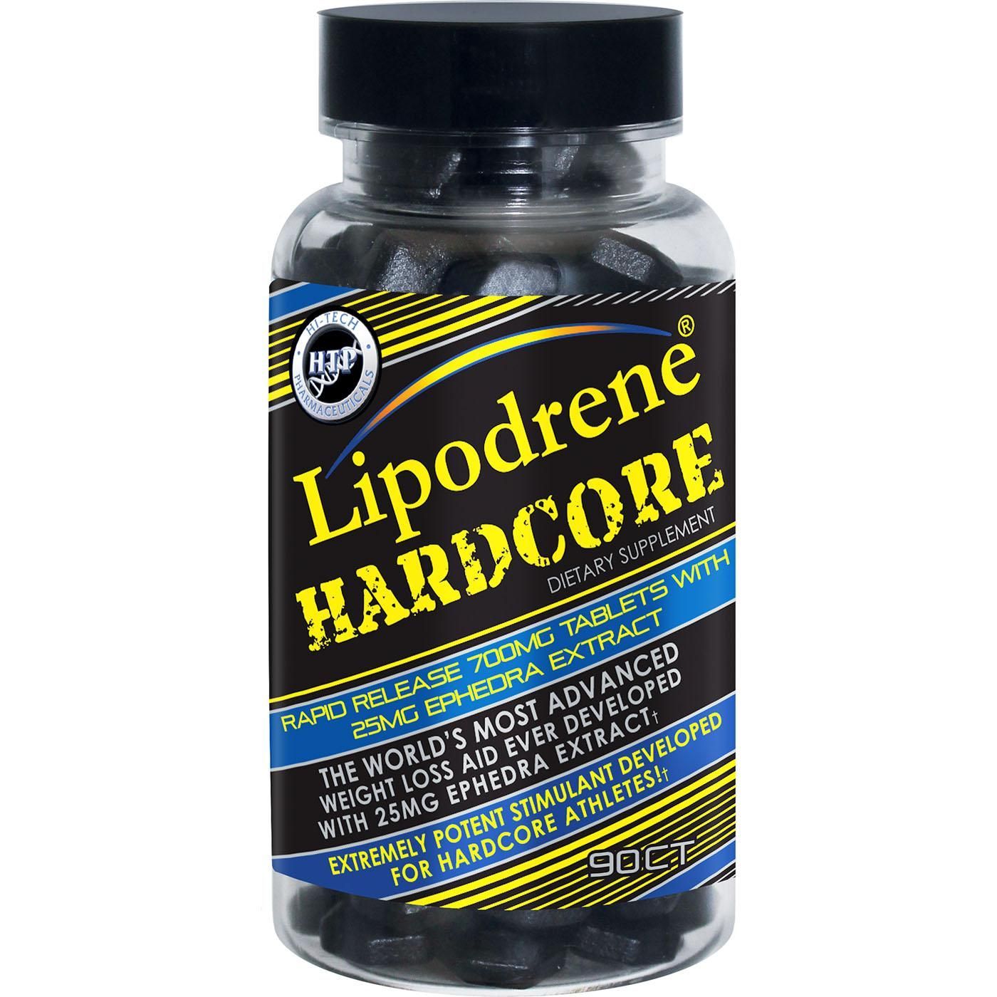 Frasco negro del suplemento para bajar de peso Lipodrene HARDCORE con etiqueta amarilla y azul.