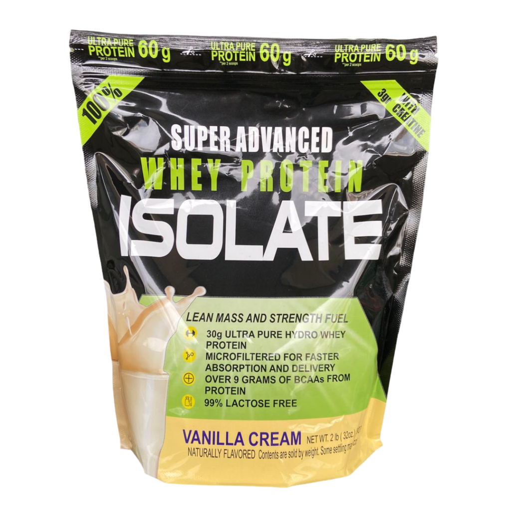 Bolsita de aislado de proteína de suero de leche sabor crema de vainilla con etiqueta negra, verde y blanca.