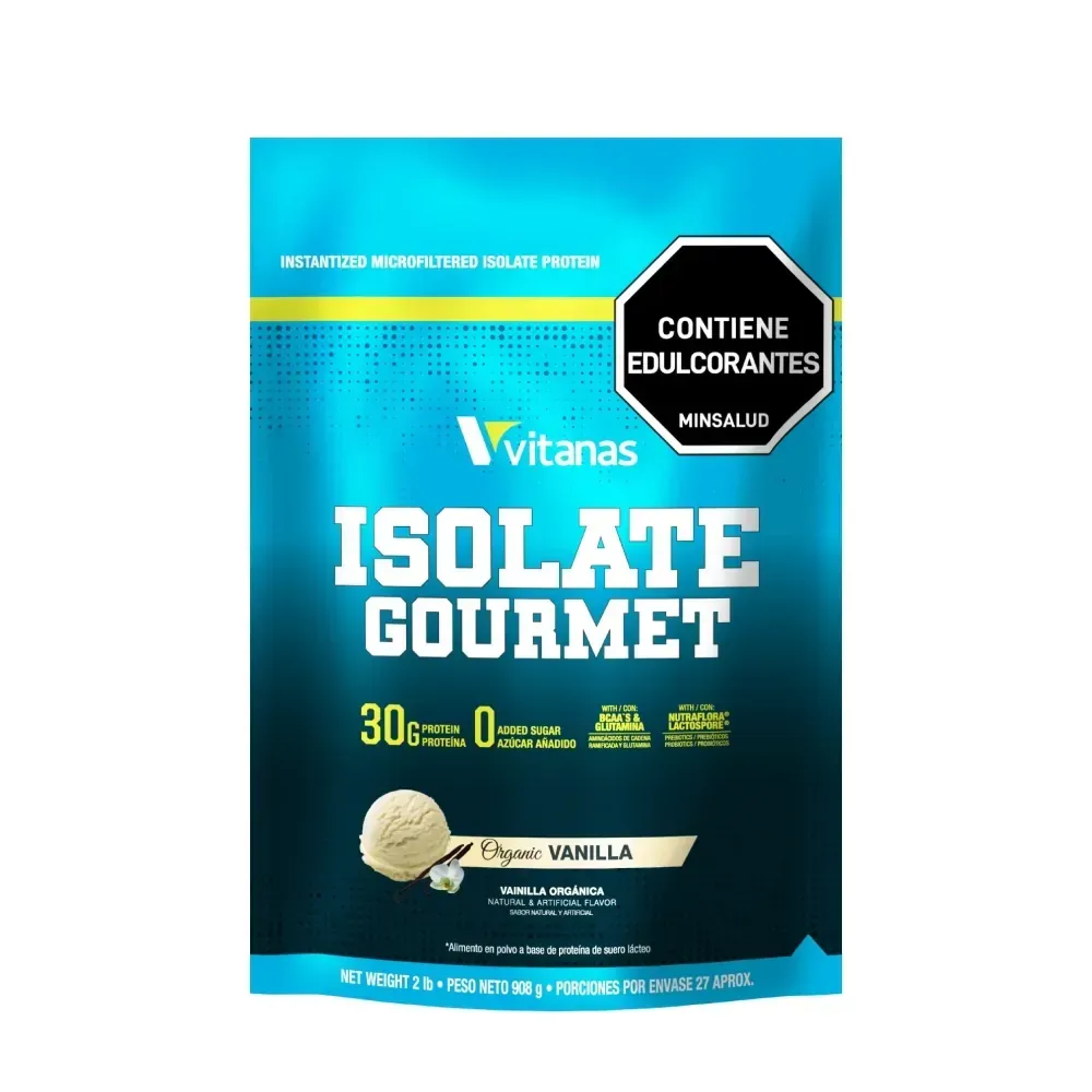 Paquete de proteína de suero Vitanas Isolate Gourmet sabor vainilla, color turquesa y negro con texto blanco.