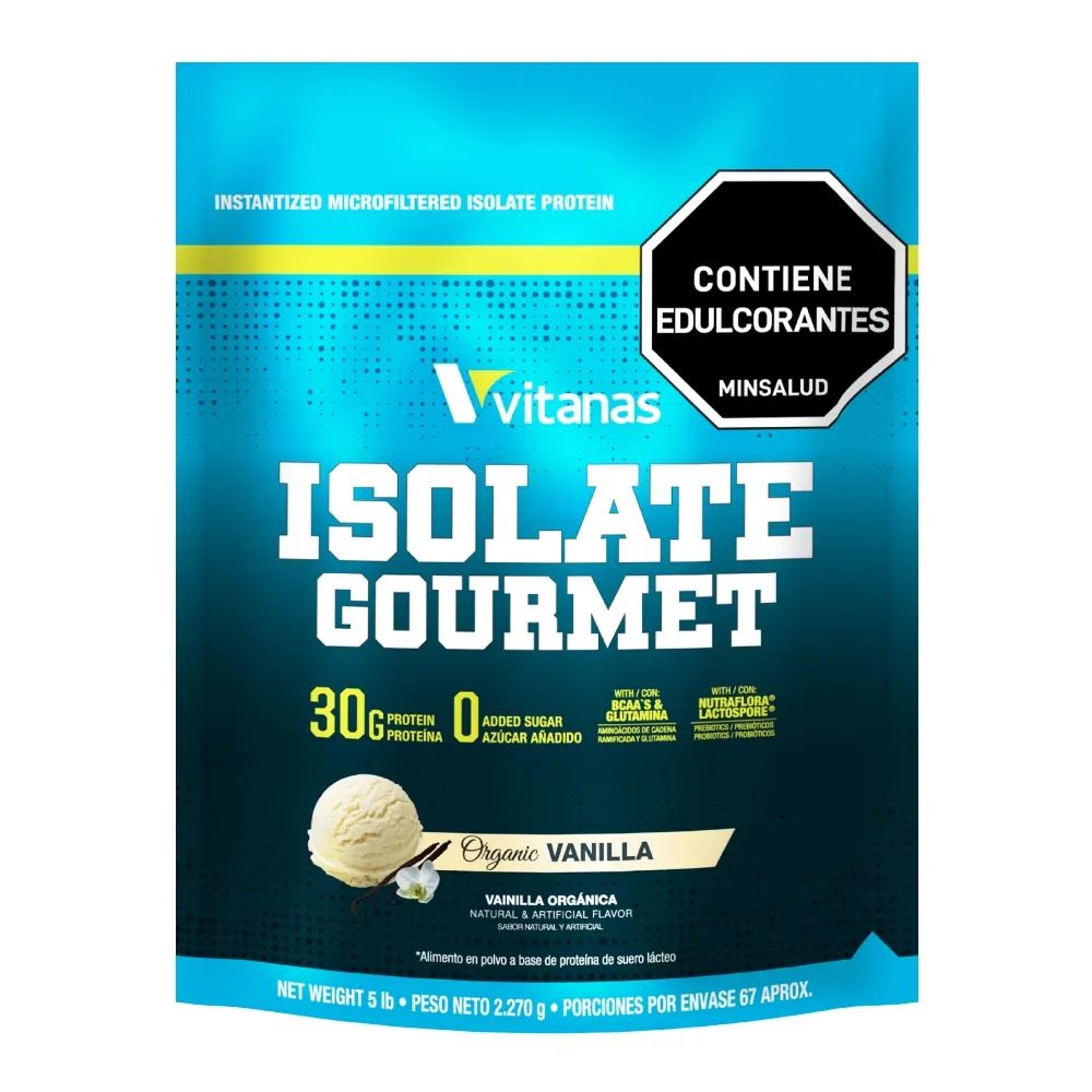 Sobre de proteína en polvo Vitanas Isolate Gourmet sabor vainilla, azul con texto blanco