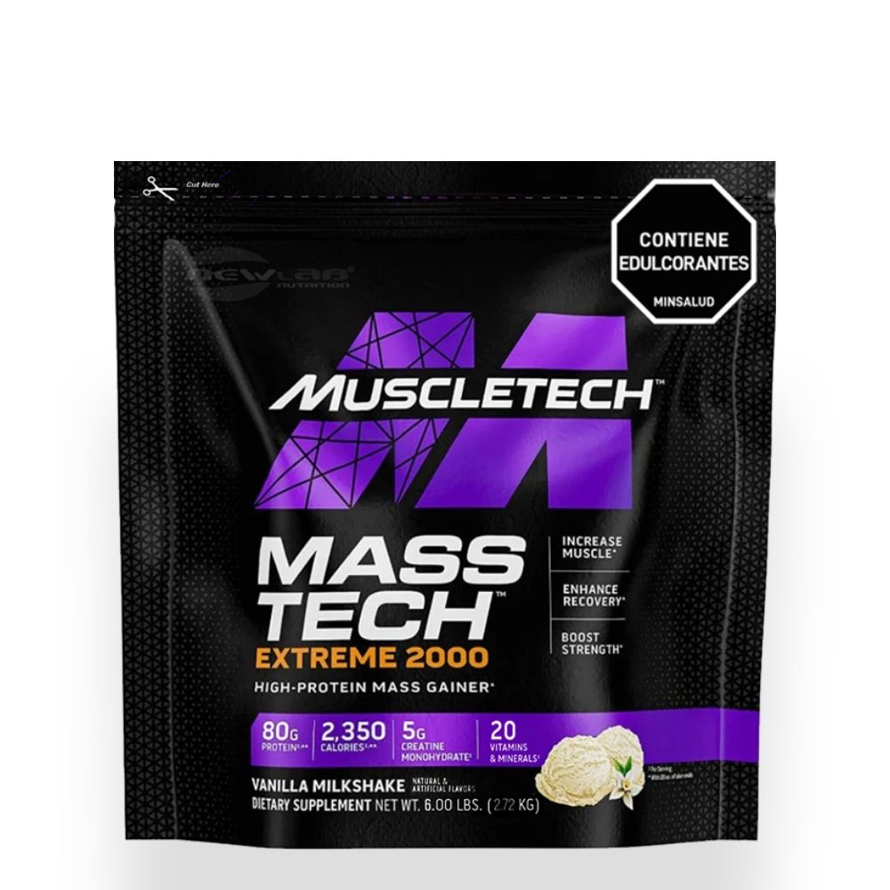Bolsa de proteína en polvo Muscletech Mass Tech Extreme 2000, envase negro y morado.