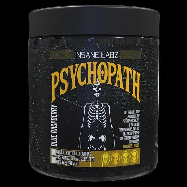 Envase negro de suplementos con la etiqueta “NSANE LABZ PSYCHOPATH”, un gráfico de un esqueleto y detalles amarillos.