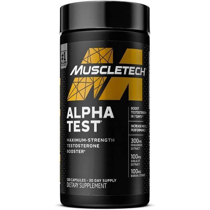 Botella negra del suplemento MuscleTech Alpha Test con detalles amarillos sobre fondo blanco.