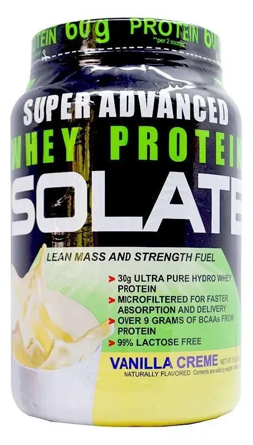 Envase amarillo de Super Advanced Hey Protein 50% proteína de suero, sabor crema de vainilla.