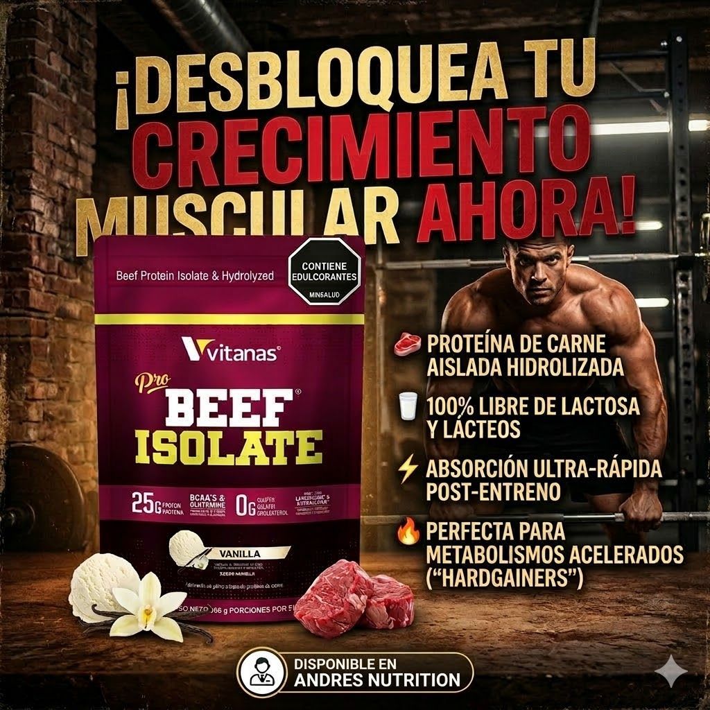 Bolsa de proteína aislada de res Vitanas Pro color granate, sabor vainilla, con texto dorado e icono de tapa blanca.