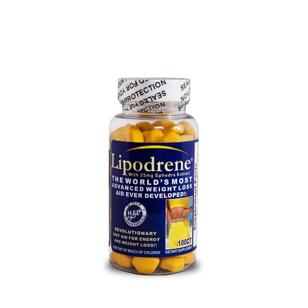 Frasco del suplemento dietético Lipodrene con cápsulas amarillas y etiqueta azul sobre fondo blanco.