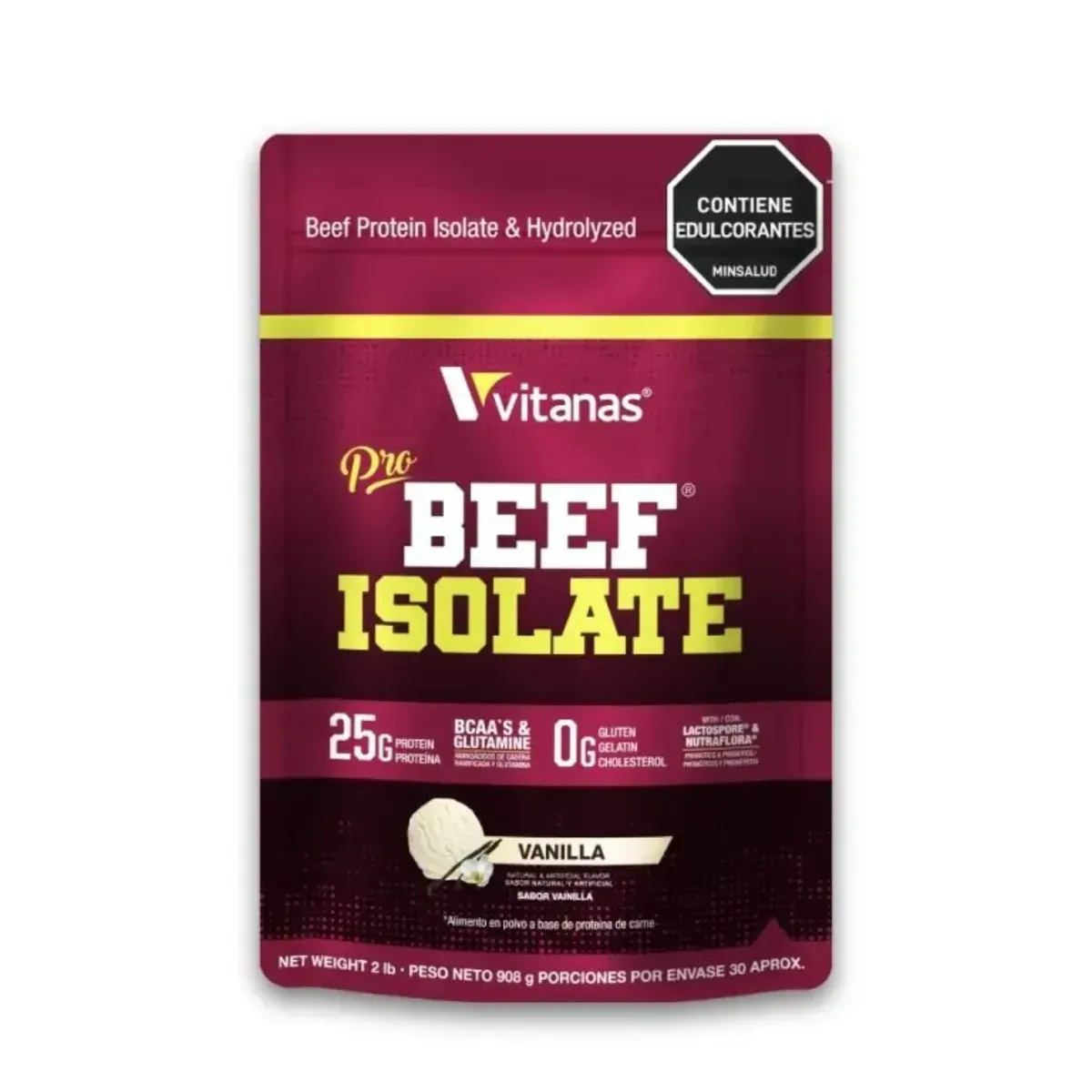 Bolsa de proteína aislada de res Vitanas Pro color granate, sabor vainilla, con texto dorado e icono de tapa blanca.