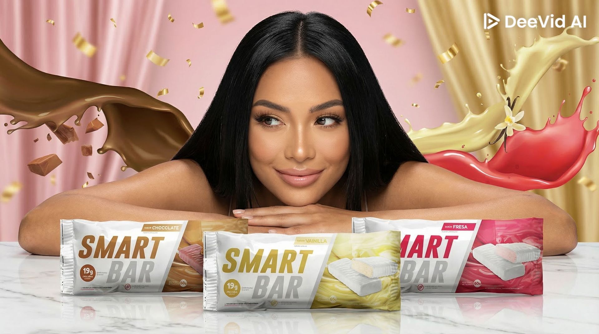 Envase de la barra de chocolate Smart Bar con trozos de chocolate y frutos secos surtidos sobre un fondo blanco.