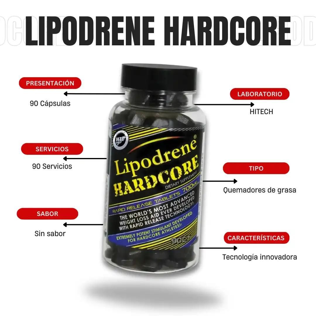 Frasco negro del suplemento para bajar de peso Lipodrene HARDCORE con etiqueta amarilla y azul.