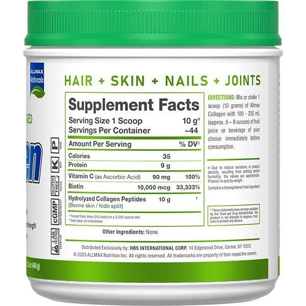 Frasco de suplemento de colágeno ALLMAX con tapa verde y etiqueta blanca.