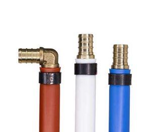 Three hose ends with brass fittings on red, white, and blue hoses