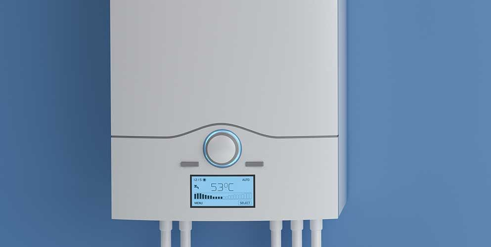 Wall-mounted white control box with a small blue display and buttons against a light blue wall.
