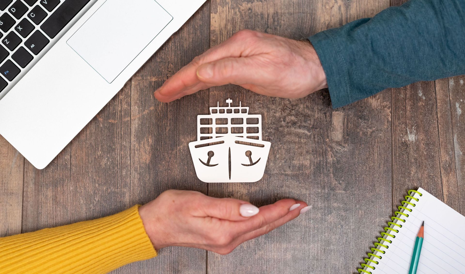 concept marine insurance hands protective gesture