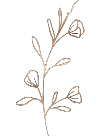 Gold floral illustration with delicate outlines of leaves and flowers.