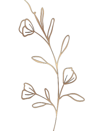 Gold-colored floral stem with tulip-shaped flowers and leaves.