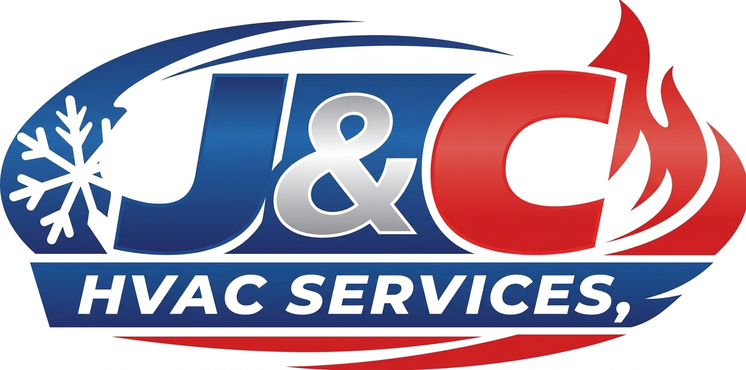 J&C HVAC Services logo with blue snowflake, red flame, and white lettering