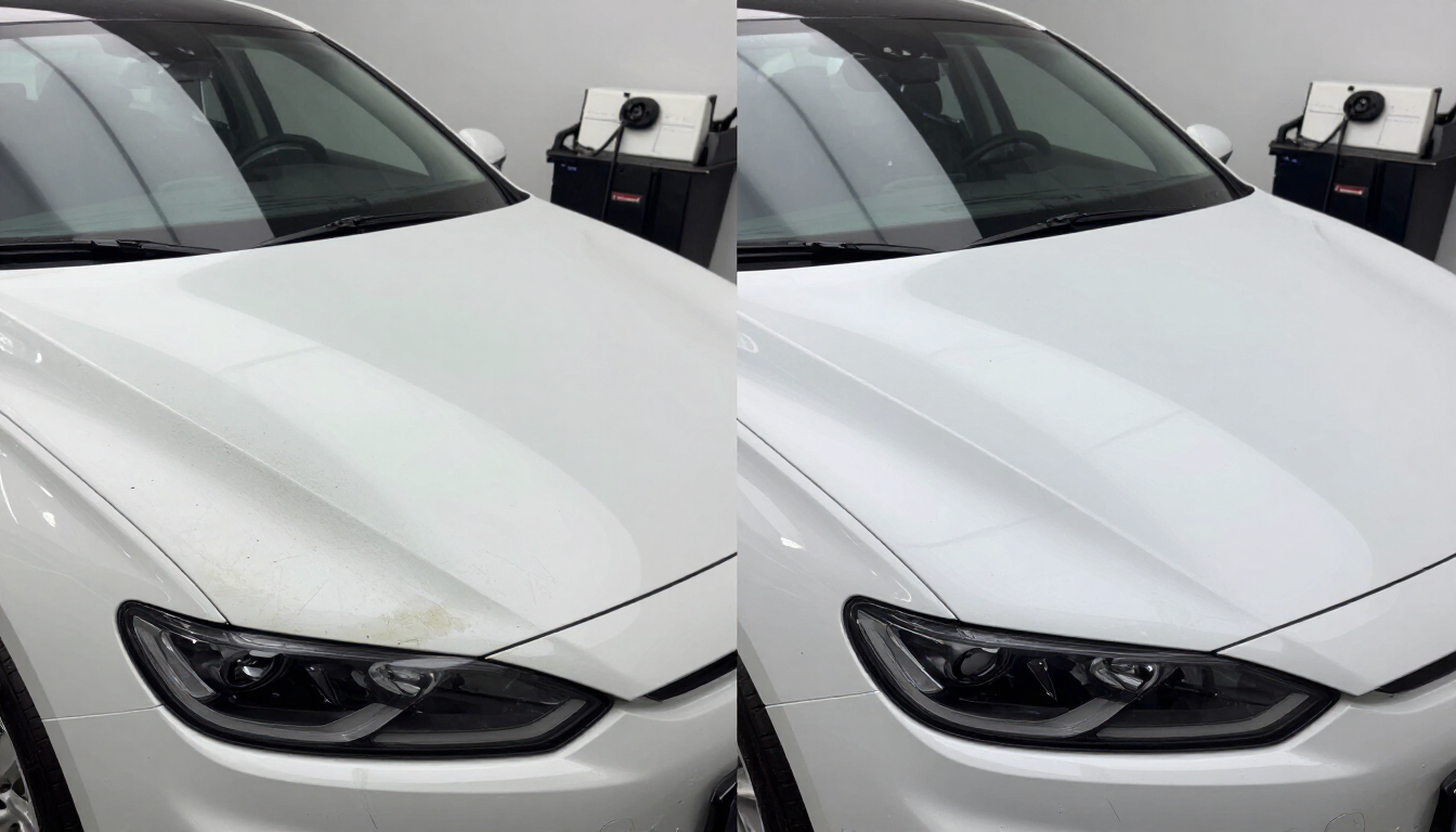 Before and after STEK PPF on white sedan hood