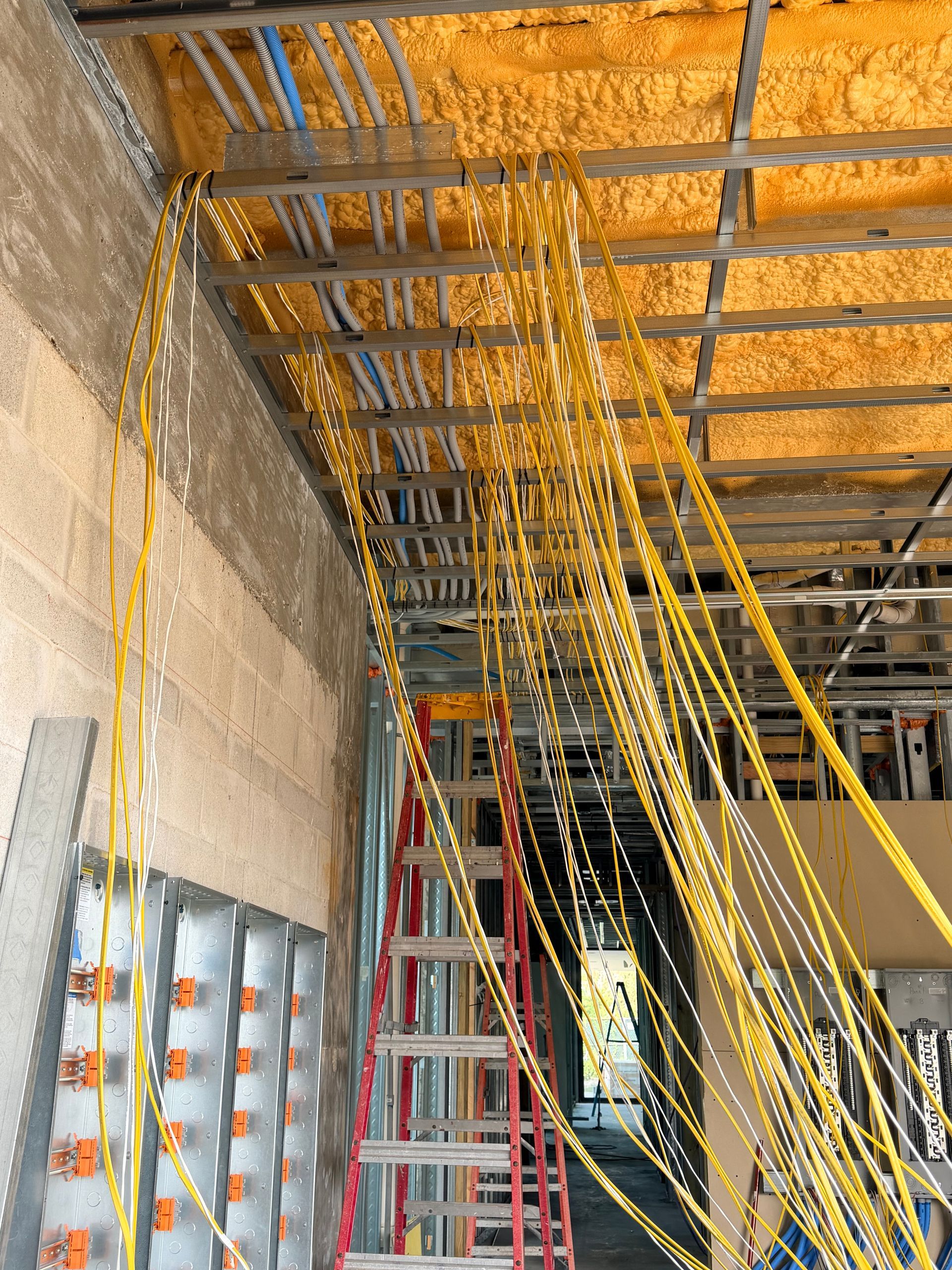 Construction site with many yellow electrical wires hanging from ceiling framing. A red ladder is visible.