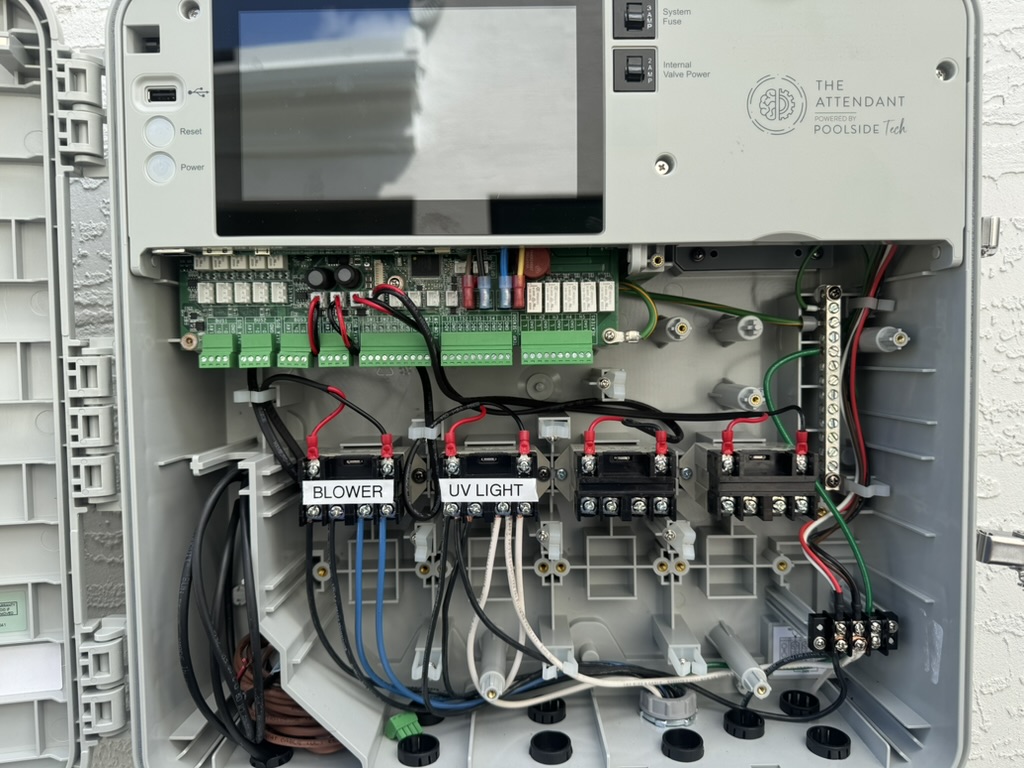 Electrician tests outdoor outlets near a pool. Wearing safety glasses and gloves, he kneels and uses a multimeter.