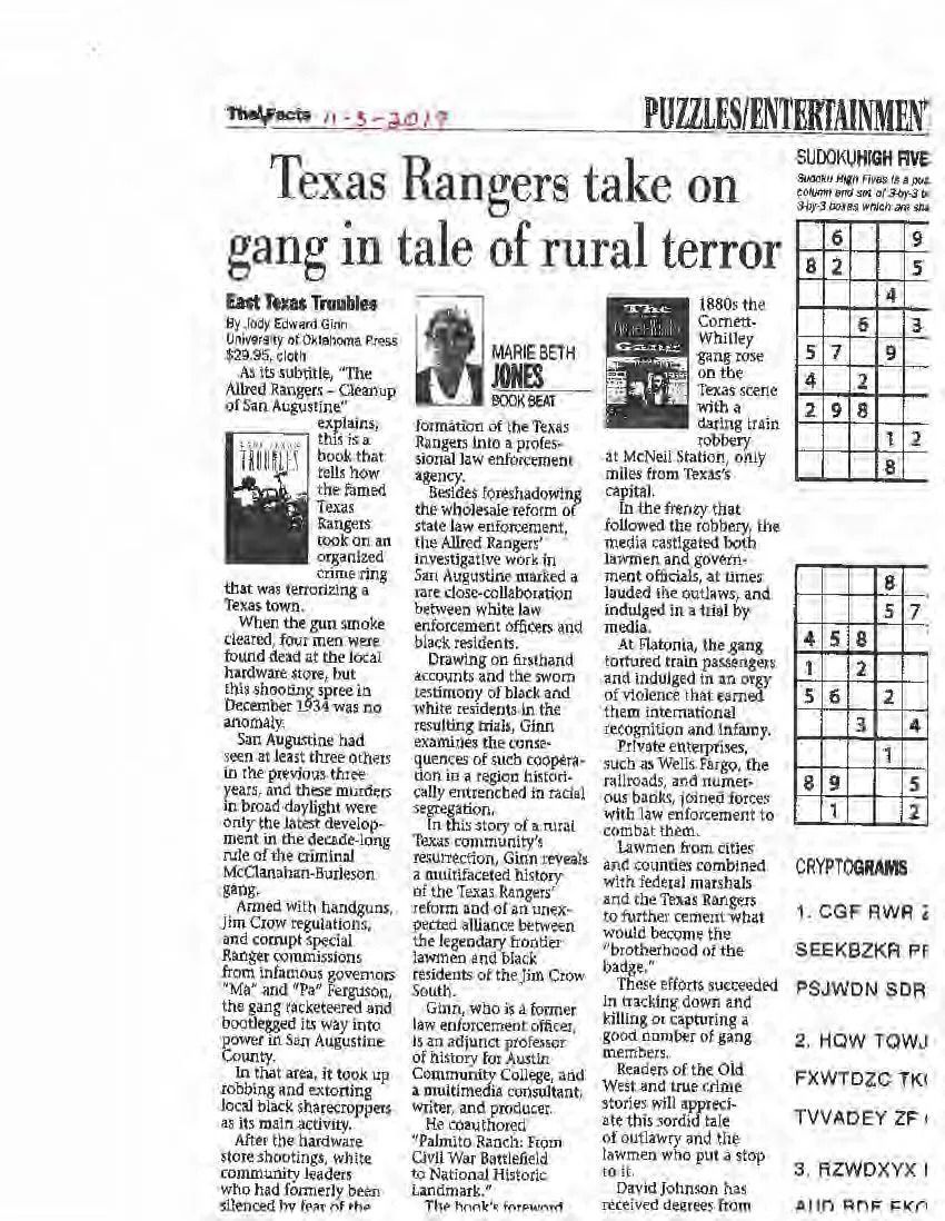Newspaper front page with headline about Texas Rangers taking on gang in rural terror case