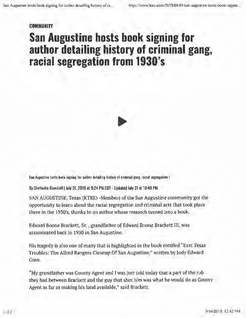 News article screenshot: San Augustine hosts book signing for author on 1930s criminal gang and segregation history