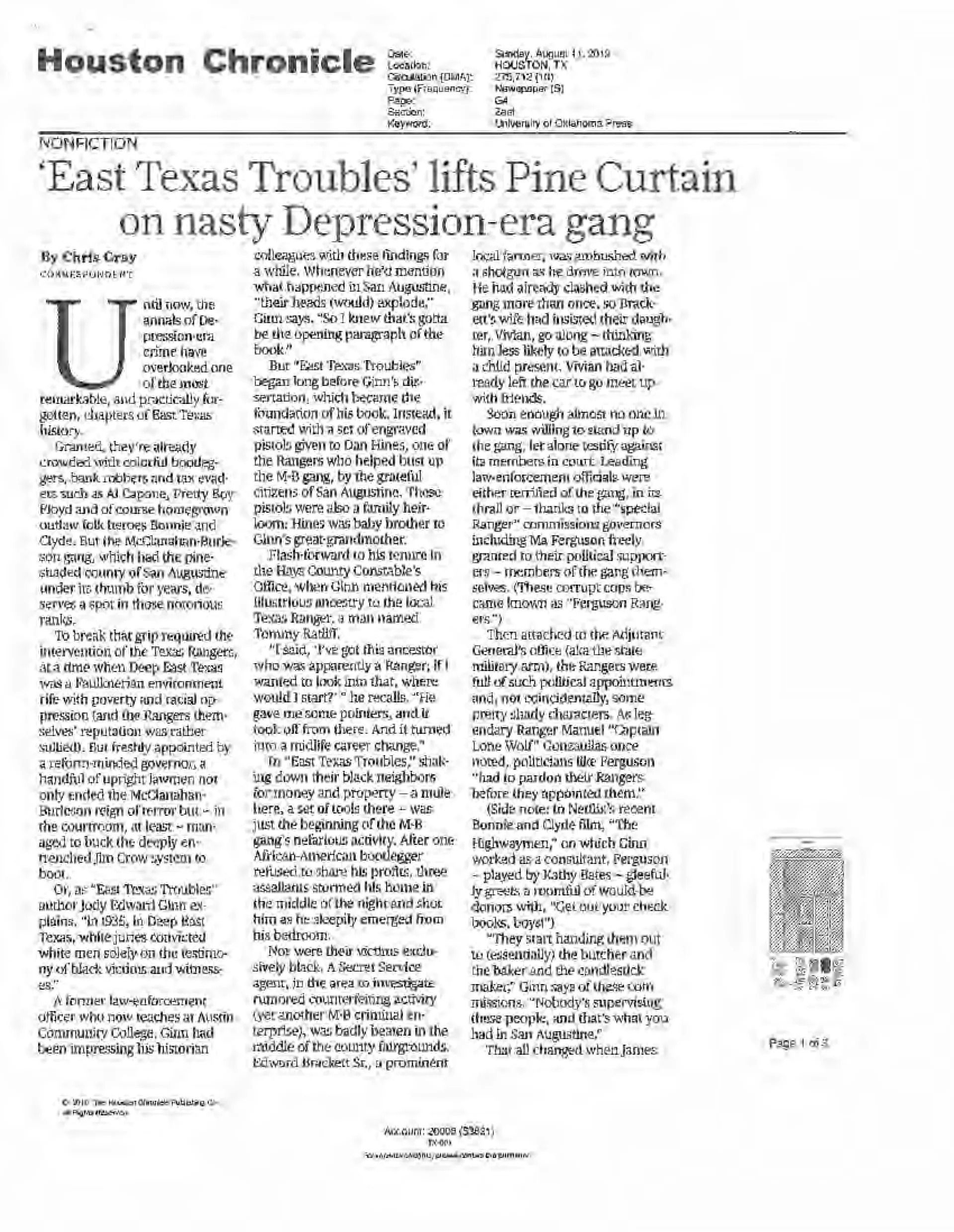 Houston Chronicle newspaper page with an article titled “East Texas Trouble” and multiple text columns.