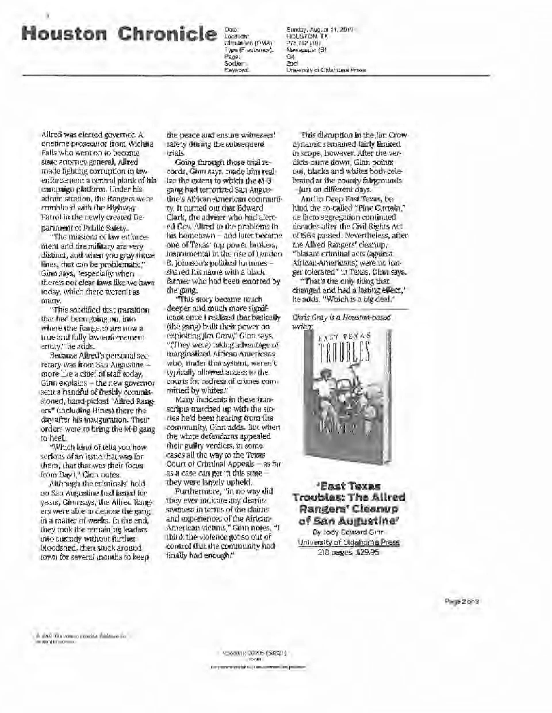 Scanned Houston Chronicle newspaper page with dense columns of text and a small photo on the right