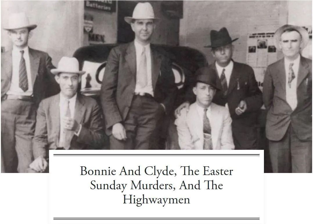 Bonnie and Clyde headline with black-and-white photo of six men standing in suits and hats