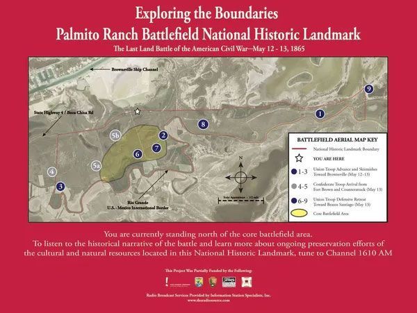 Historical marker poster for Palmetto Ranch Battlefield National Historic Landmark with map and battle route panel Historical marker poster for Palmetto Ranch Battlefield National Historic Landmark with map and battle route panel