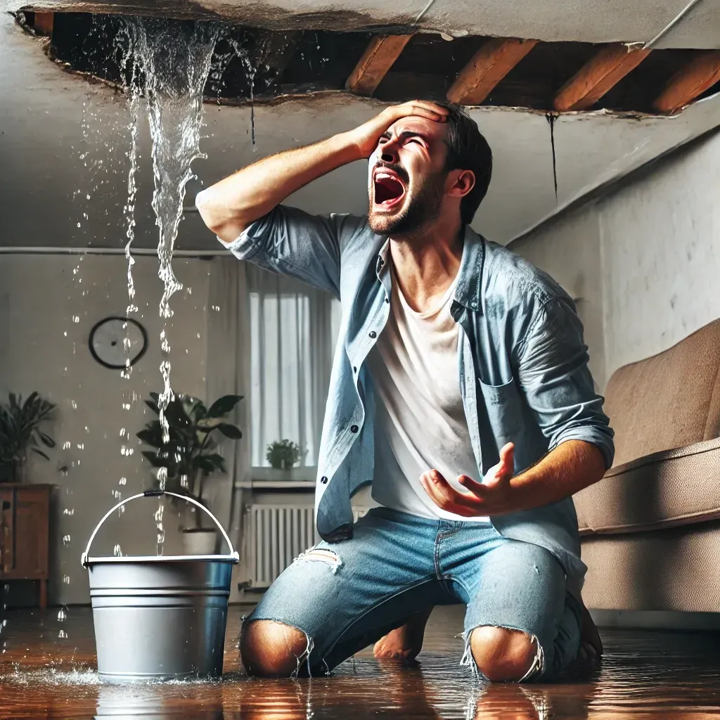 A photo of a man panicking and crying as he tries to manage a severe roof leak.