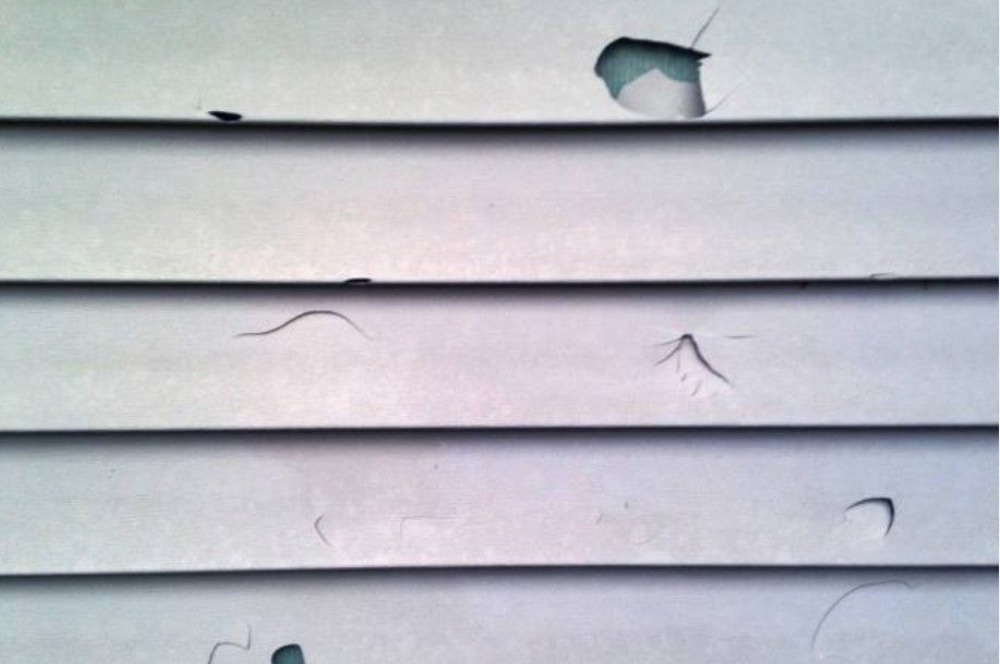 A photo of vinyl siding that has multiple areas of damage