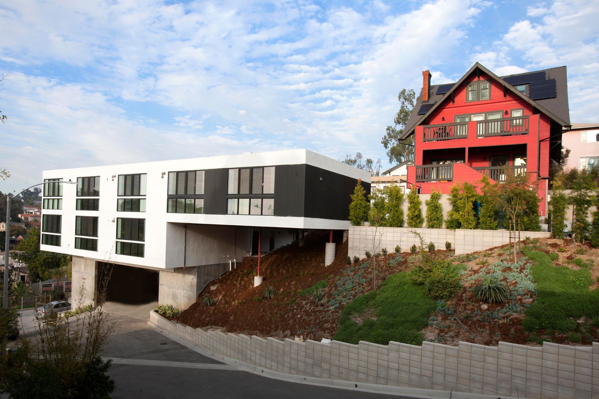 exterior shot with red house