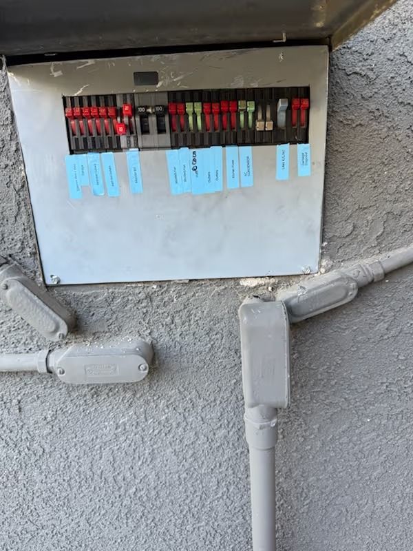 Outdoor electrical panel with exposed breakers. Conduit pipes run to the sides.