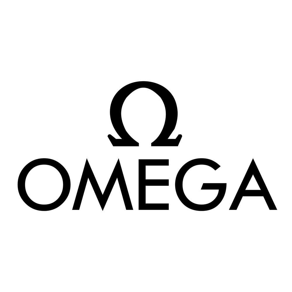 The omega logo is a black and white logo on a white background.