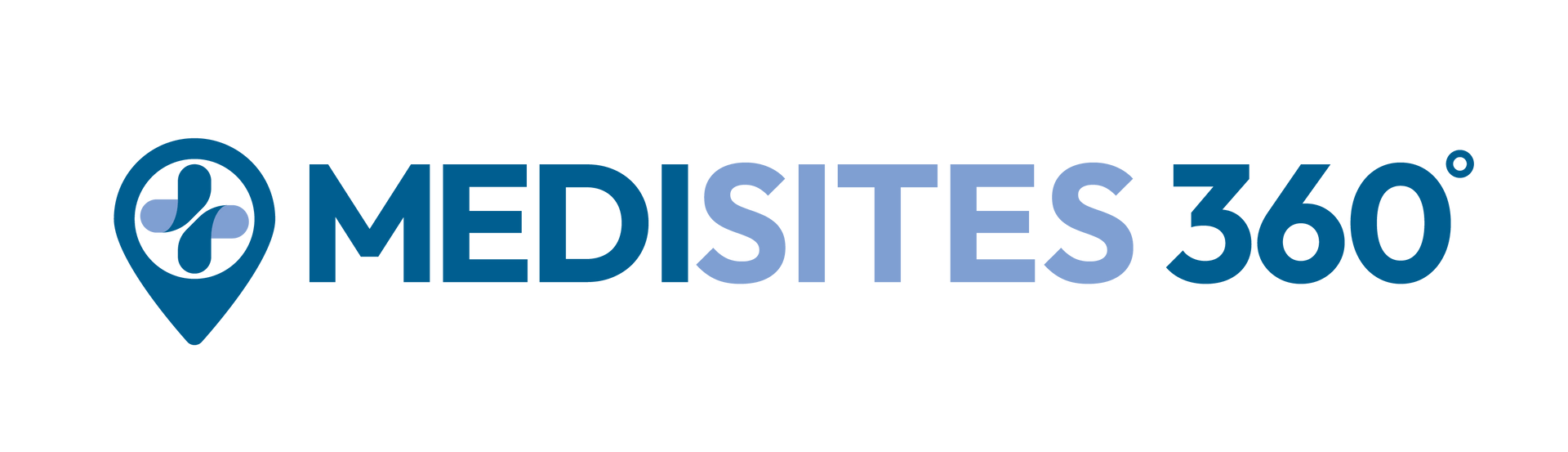 A logo for medisites 360 with a blue pin on a white background.