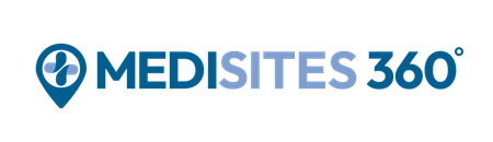A logo for medisites 360 with a blue pin on a white background.