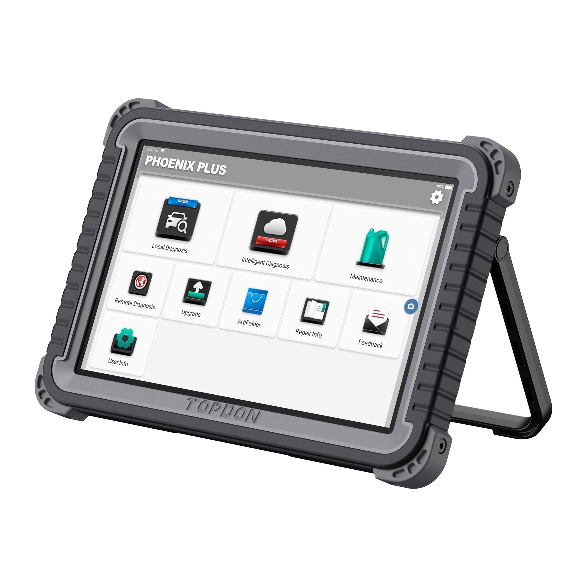 A gray handheld automotive diagnostic tablet with a stand displays app icons on a white screen, labeled 