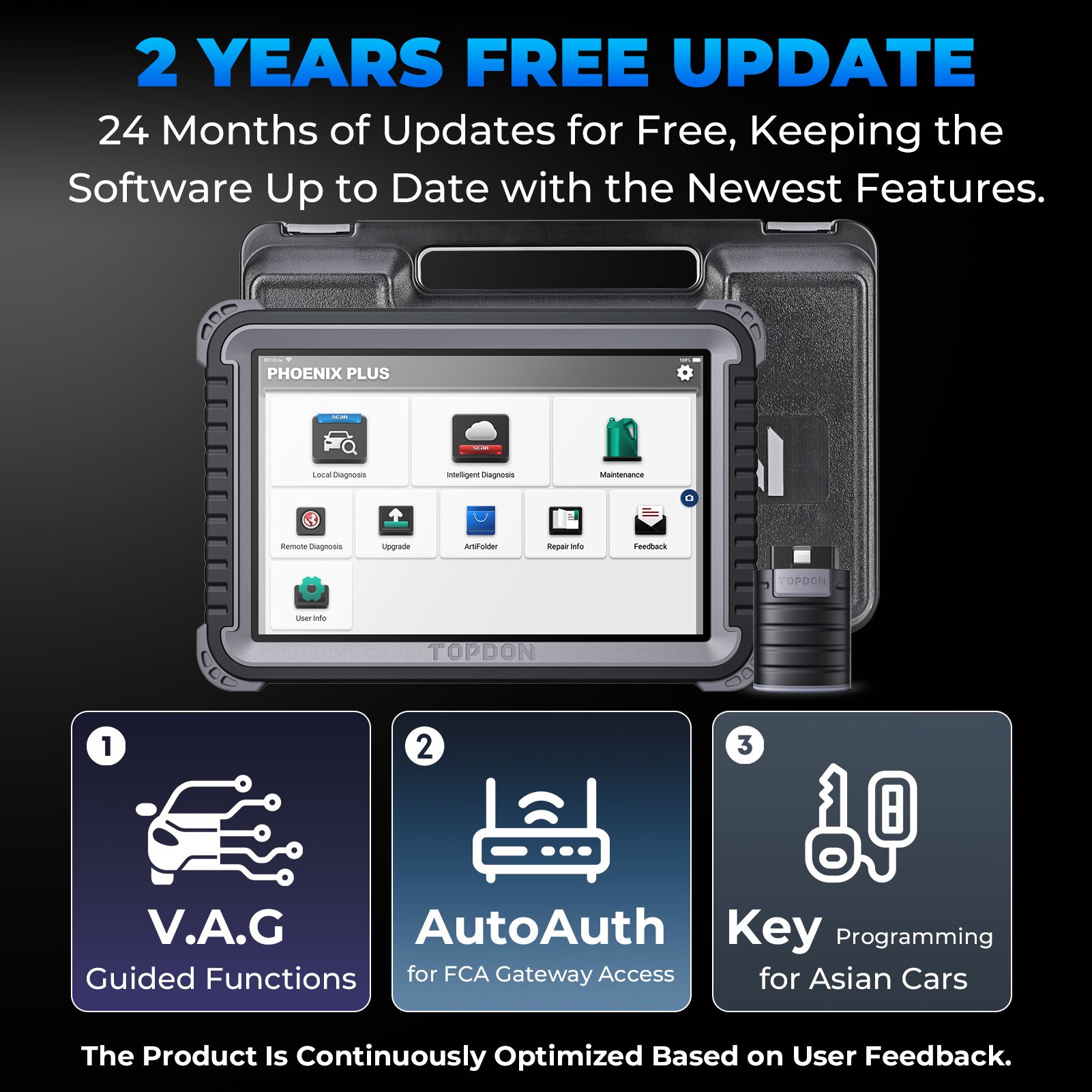 Diagnostic tool with screen showing app icons, and text: 