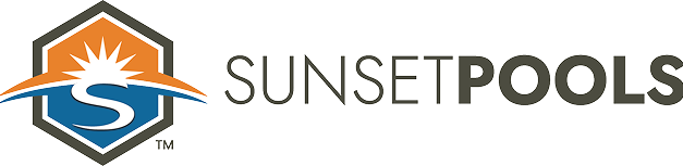 Sunset Pools logo with orange sun and blue water icon beside the text &ldquo;SUNSET POOLS&rdquo;
