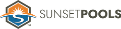 Sunset Pools logo with orange sun and blue water icon beside the text &ldquo;SUNSET POOLS&rdquo;