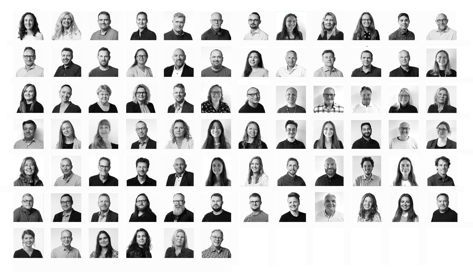 Grid of 48 black-and-white portrait headshots on white background