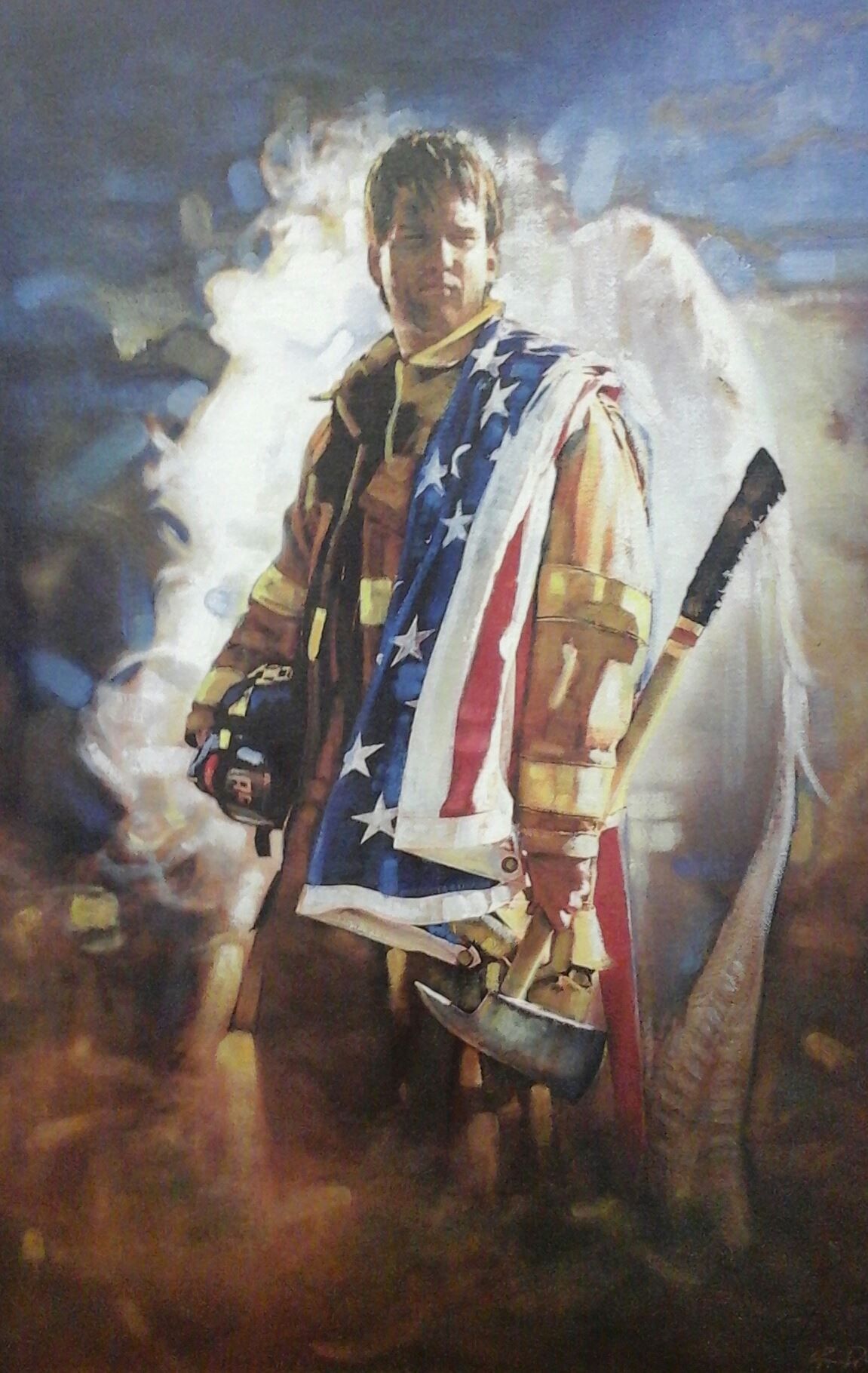 A painting of a fireman holding an american flag