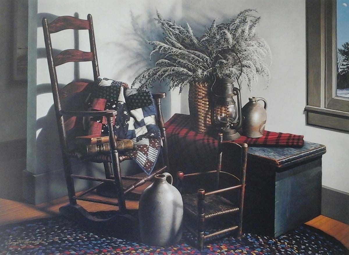 A rocking chair sits in a room next to a window