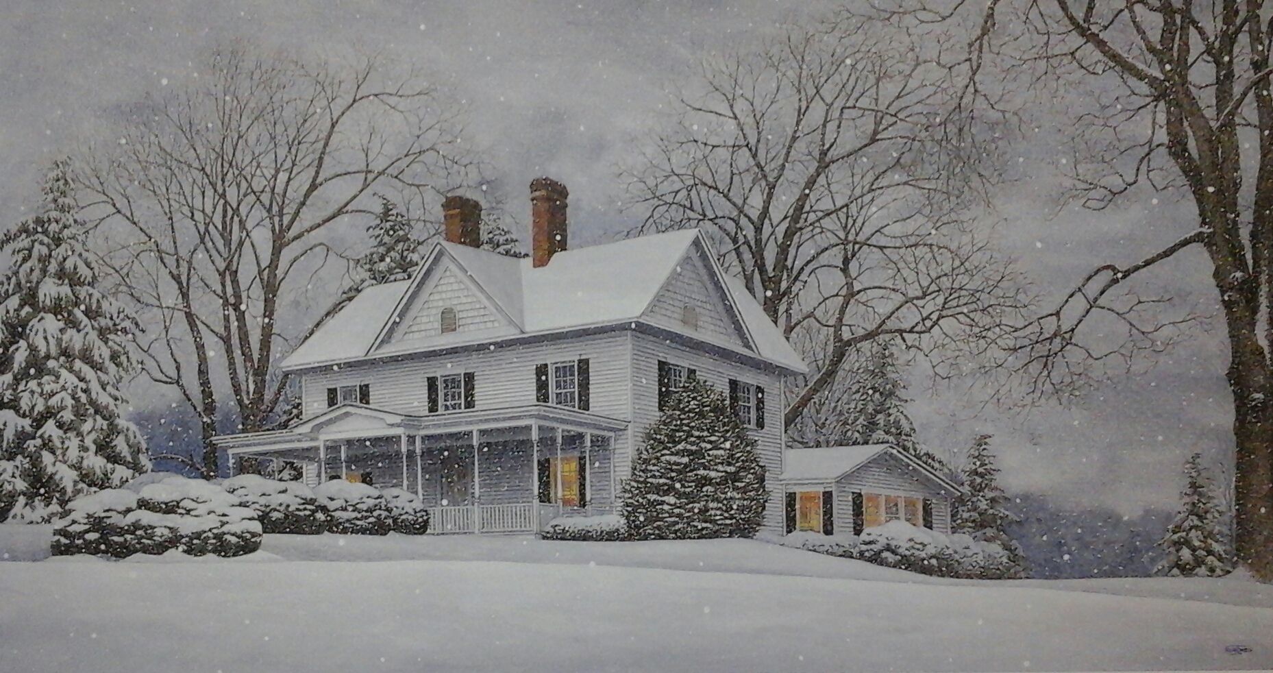 A painting of a house covered in snow with trees in the background