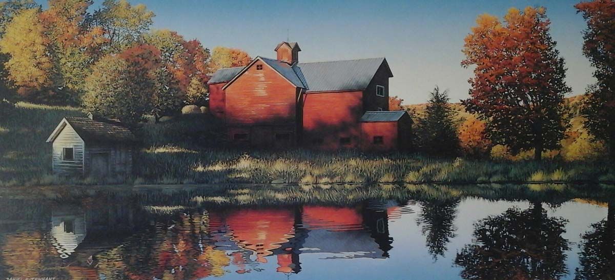 A red barn is reflected in a pond in a painting