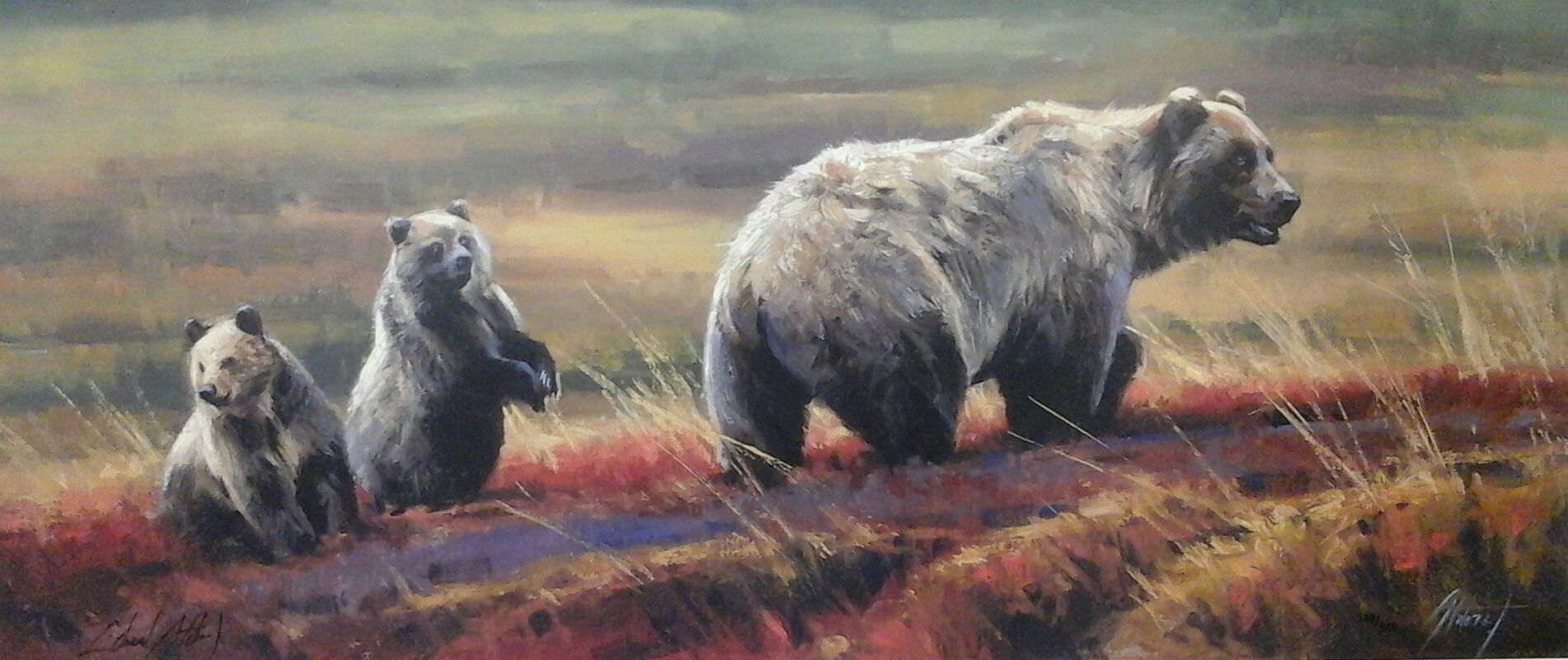 A painting of three bears standing next to each other in a field.