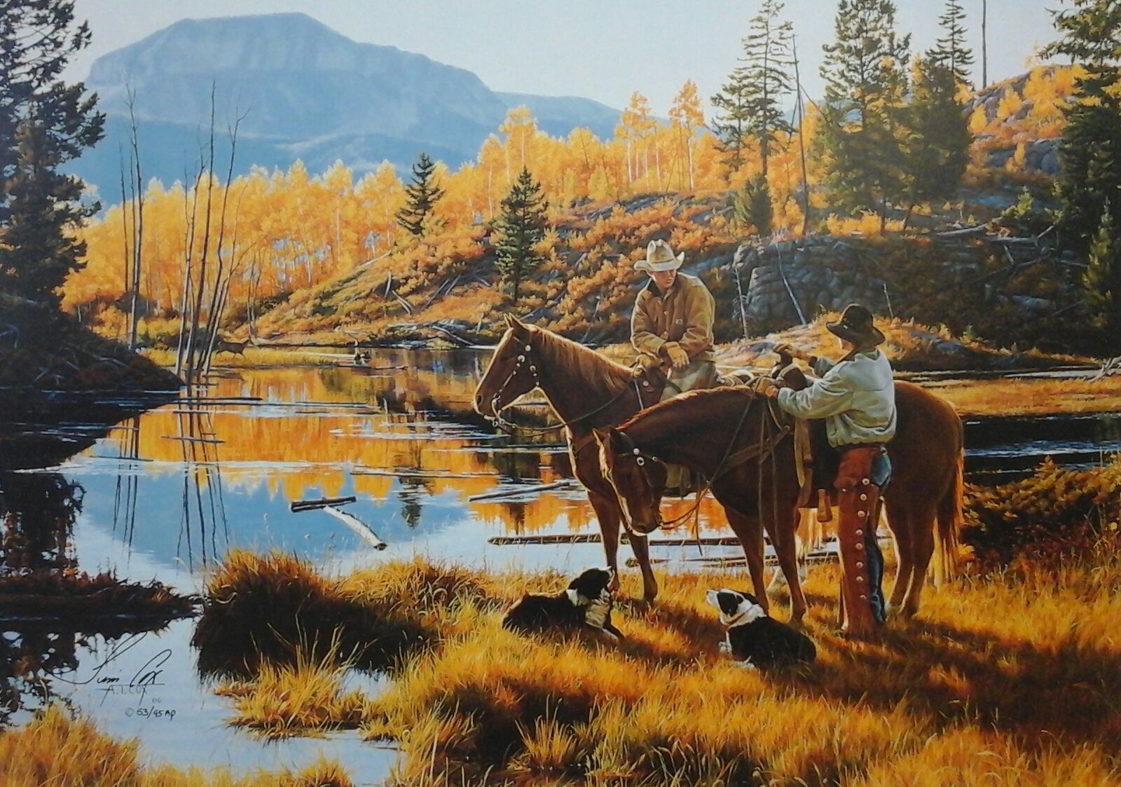 A painting of two men riding horses near a lake