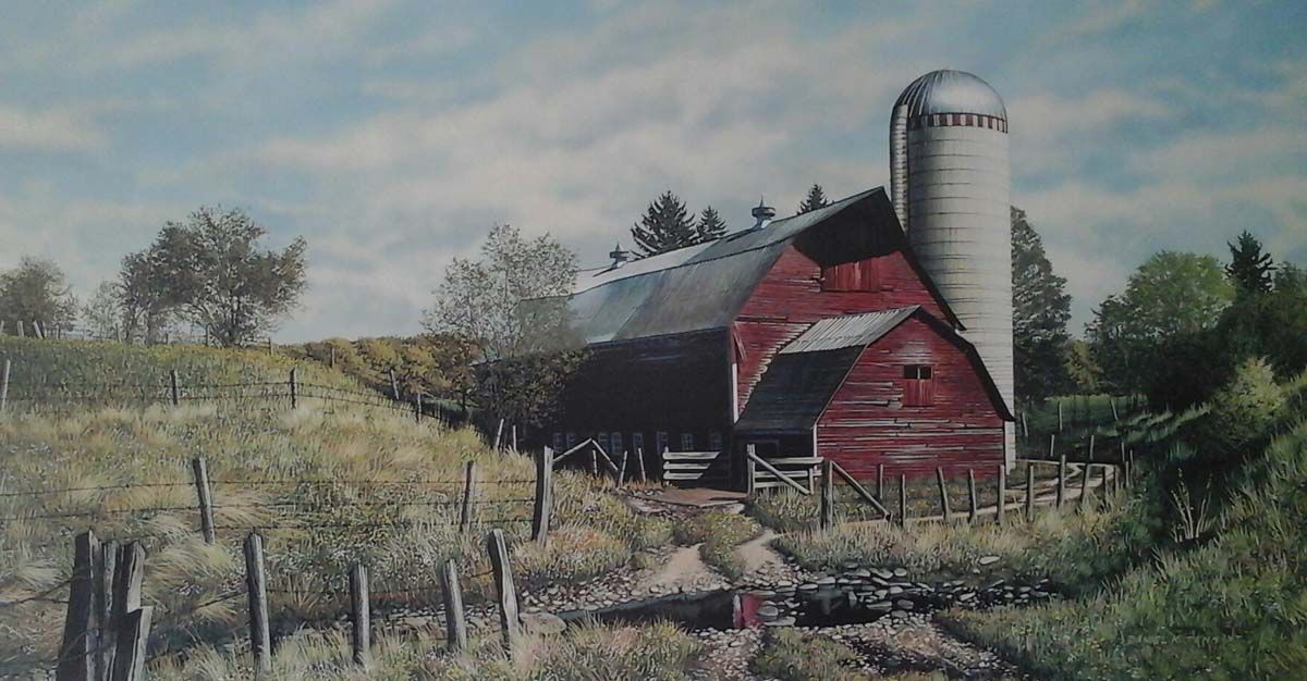 A painting of a red barn with a silo in the background