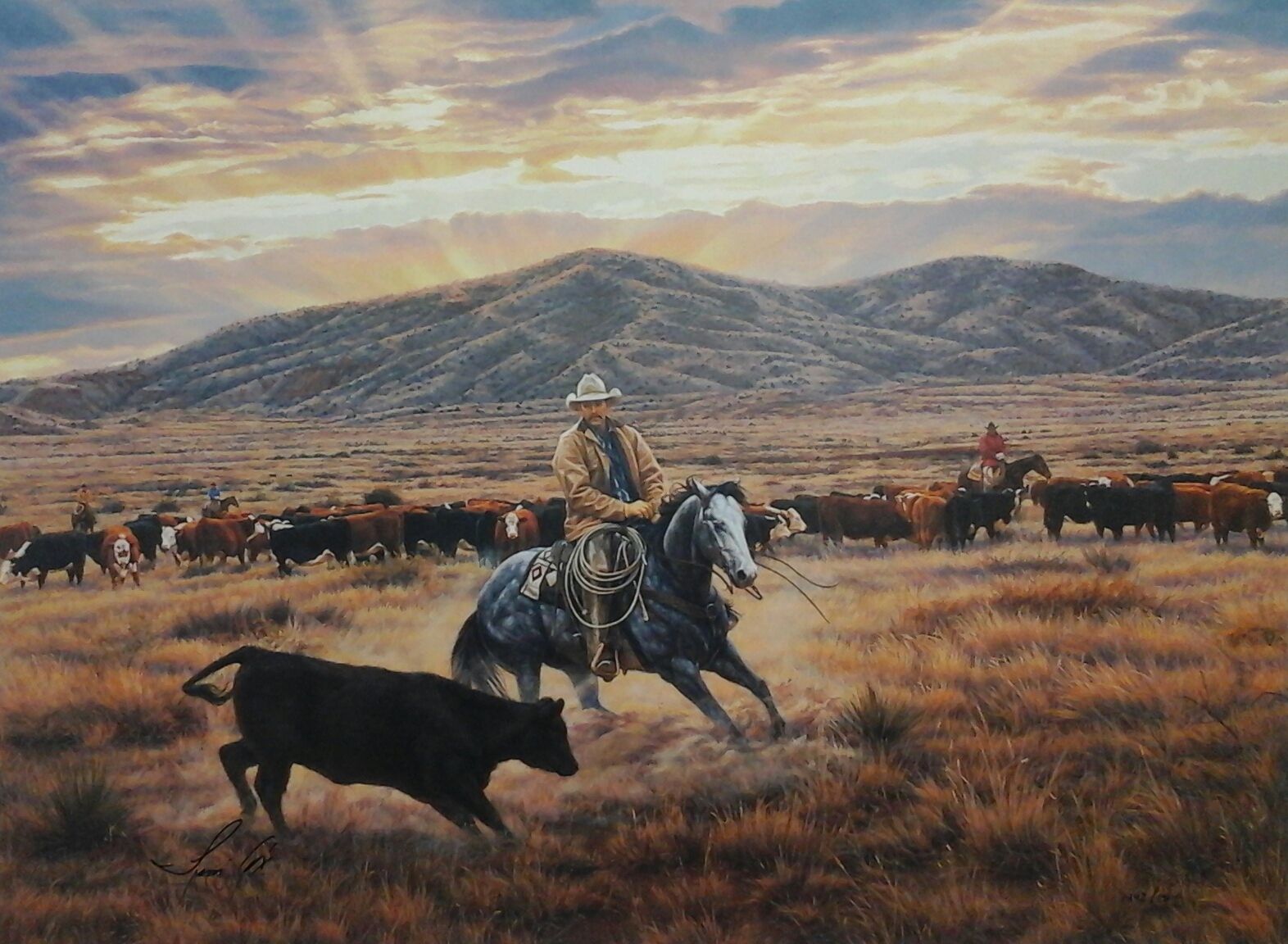 A painting of a cowboy on a horse herding cattle