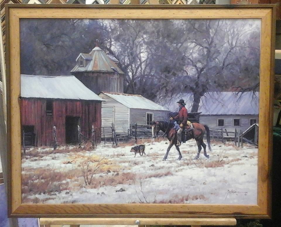 A painting of a man riding a horse in the snow